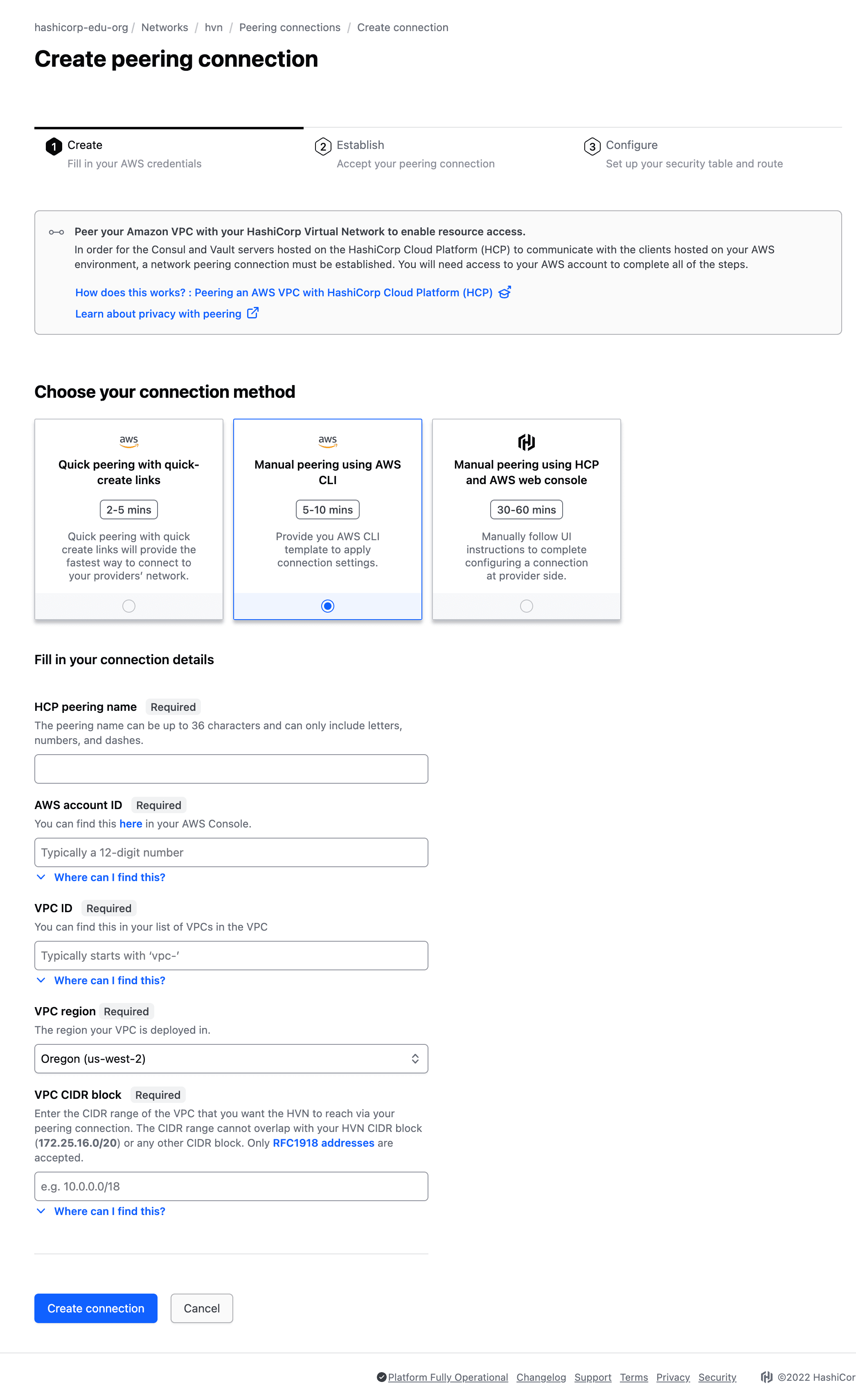 HVN Peering create form