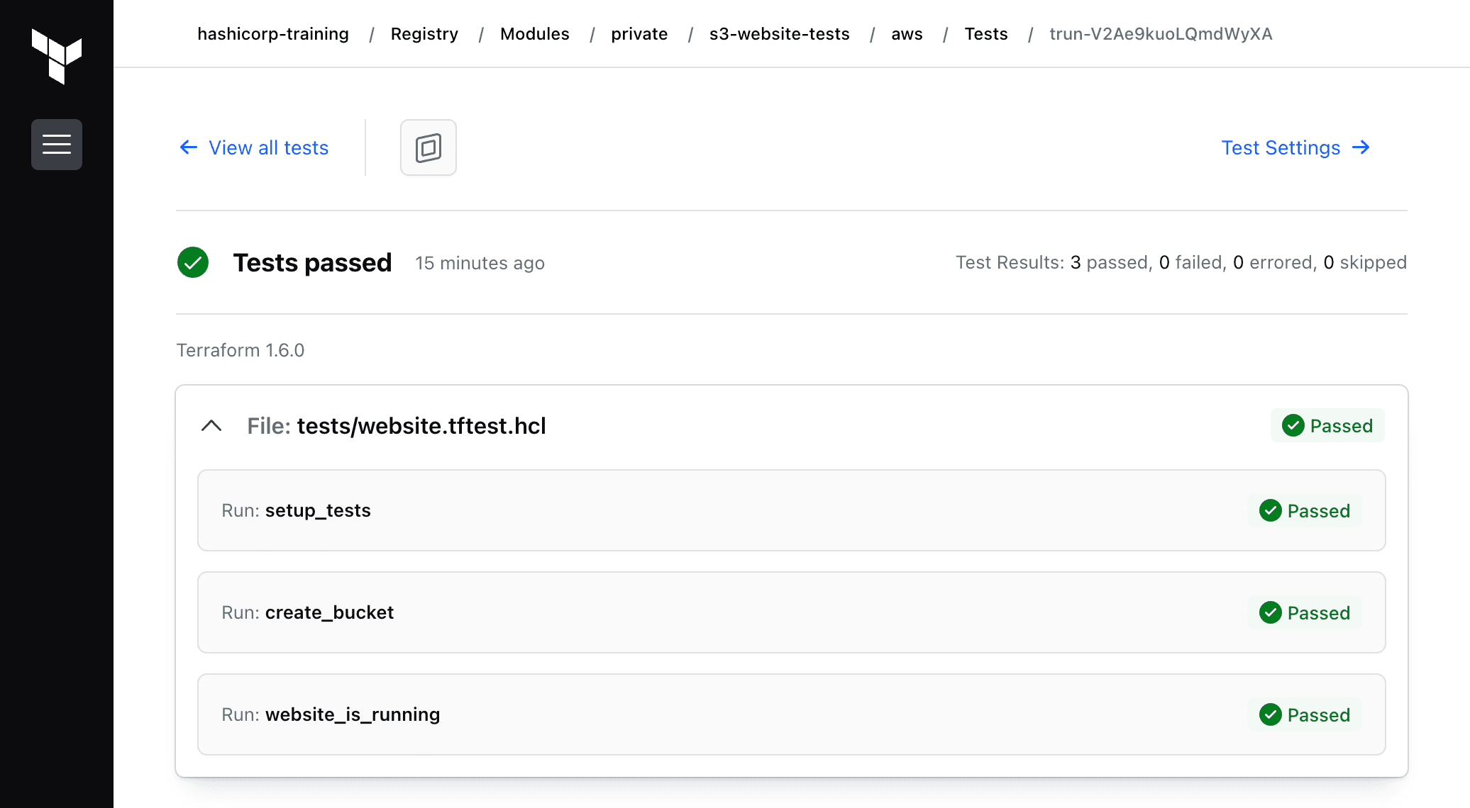 An expanded list of individual tests ran against the module. The top level of the dropdown reads "File: tests/website.tftest.hcl". When expanded, each individual test step is shown, each with a badge that reads "Passed". The steps of the tests read "setup_tests", "create_bucket", and "website_is_running"