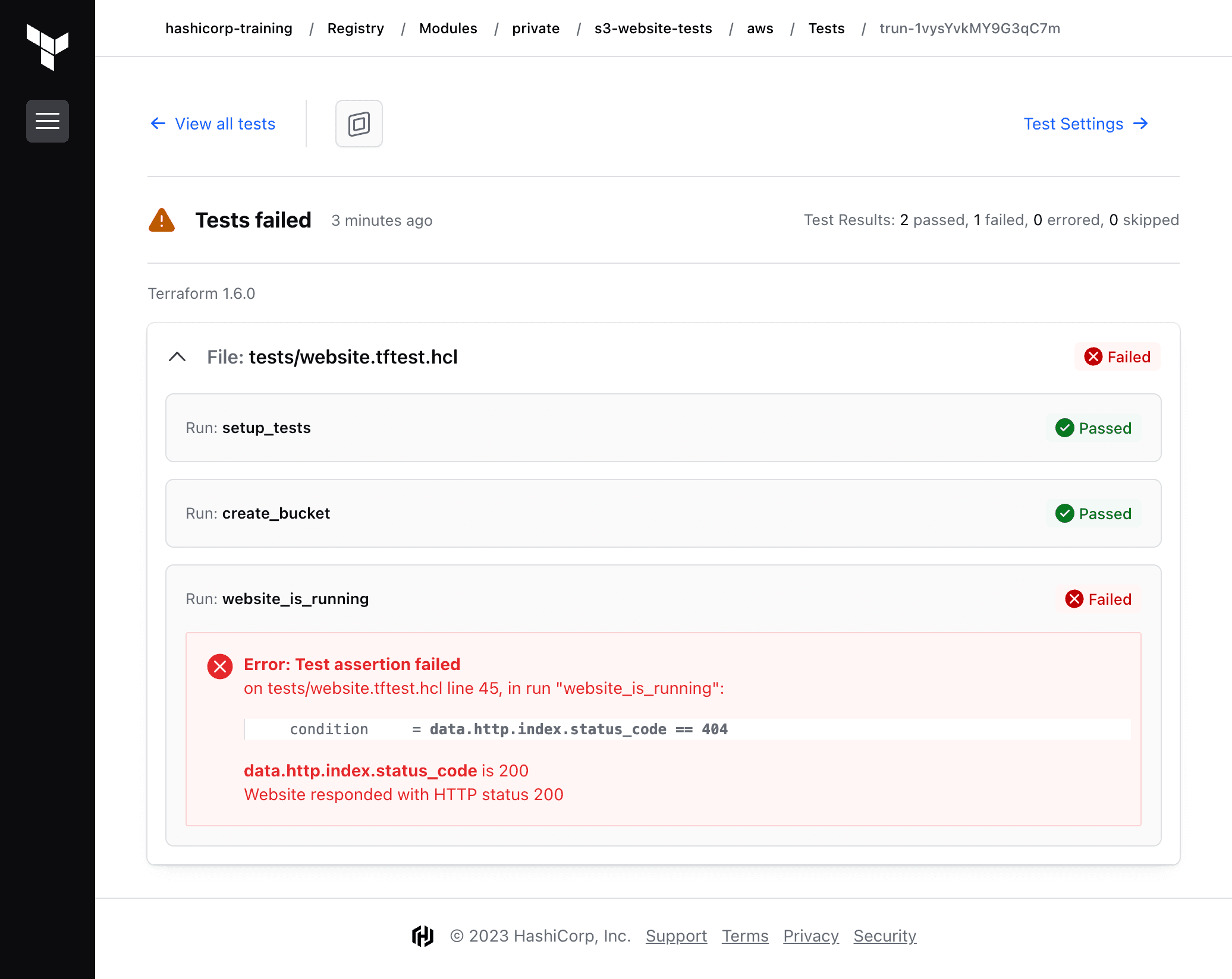 A list of all tests ran against the module. In this example, just one test result is shown with a badge that reads "Tests passed"